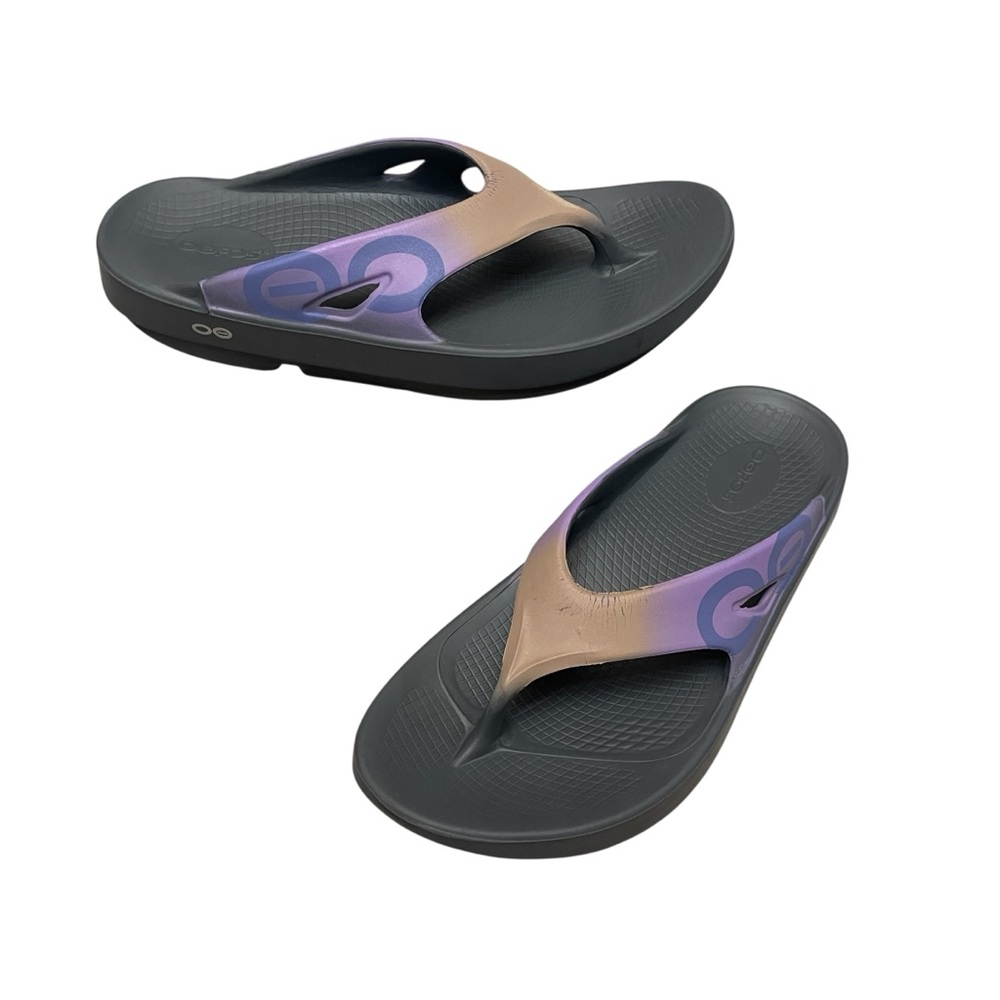 OOFOS OOlala Luxe Recovery Flip Flops Sandals Black Purple Ombré Womens size 10
